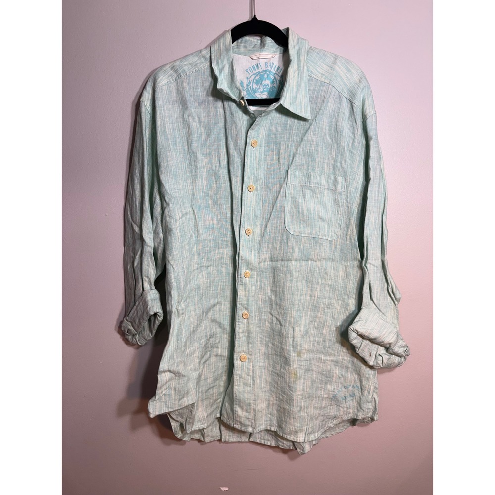 Tommy Bahama Mens XL Linen Button Down Shirt Aqua Blue Textured Long Sleeve